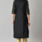 W for Woman Black Glitter Printed Rayon Straight Kurta with Embroidered Neck