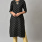 W for Woman Black Glitter Printed Rayon Straight Kurta with Embroidered Neck