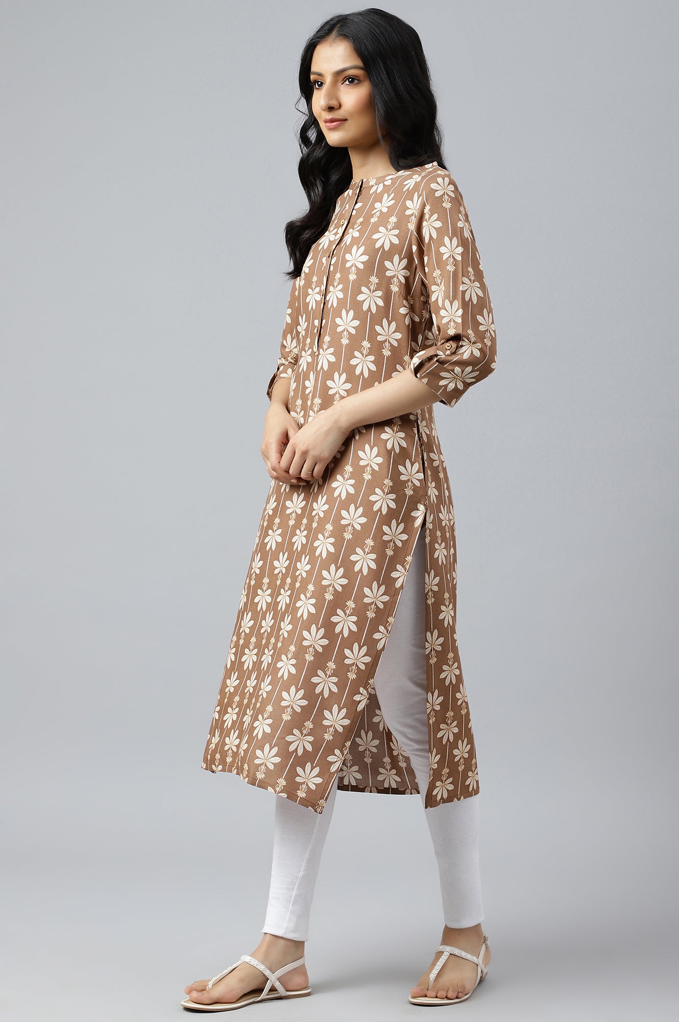 W for Woman Brown Printed Button Down kurta