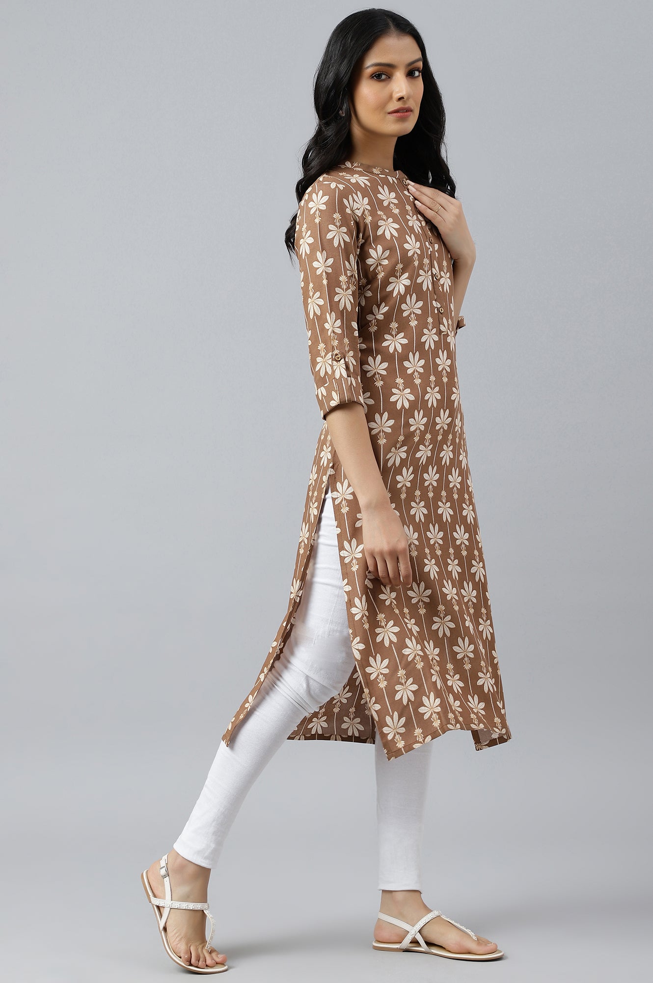 W for Woman Brown Printed Button Down kurta