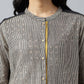 W for Woman Beige Striped Thread Embroidered Pure Cotton Straight Kurta and Slim Pant Set