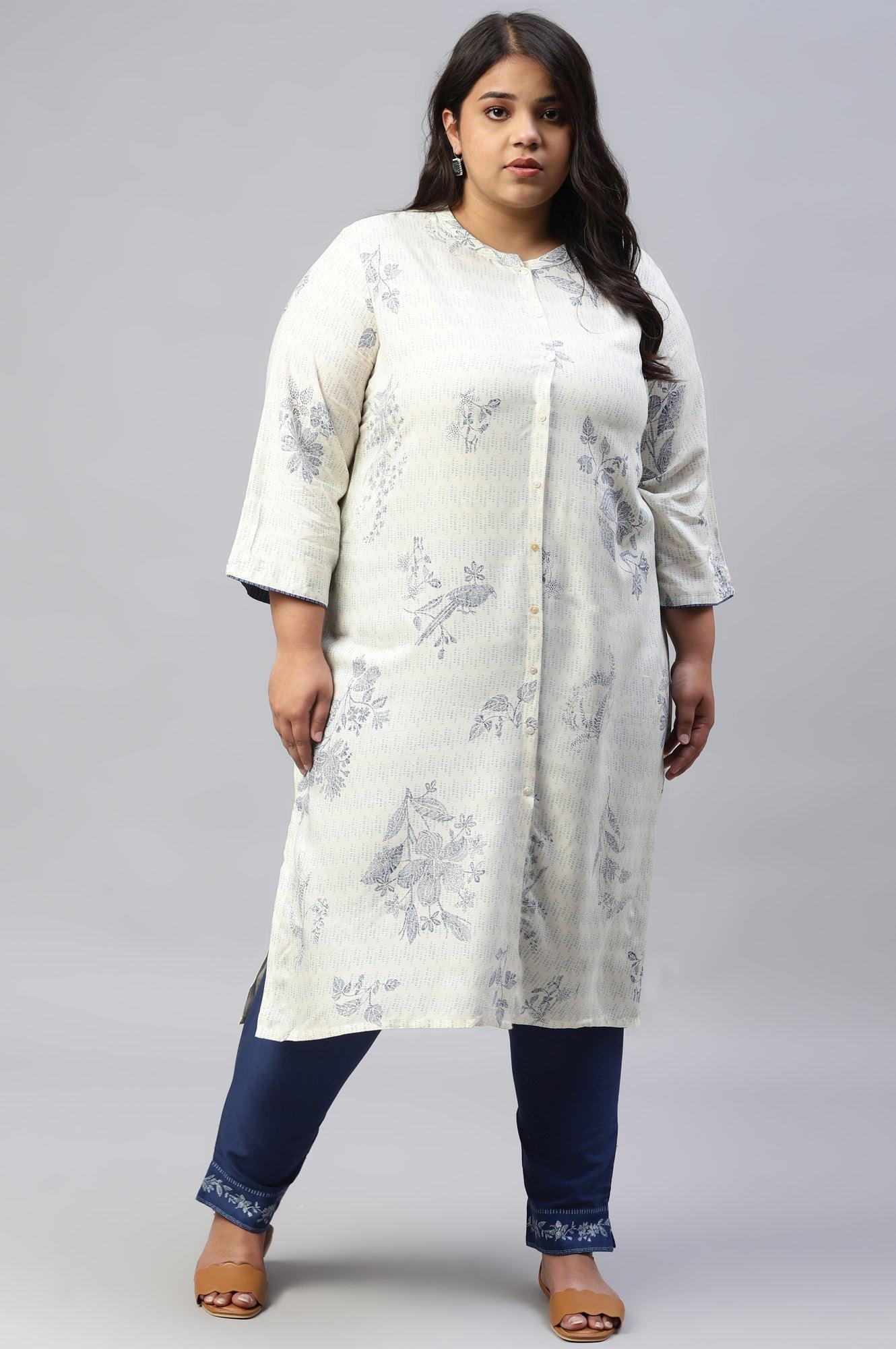 W for Woman Plus Size Ecru And Blue Button Down kurta