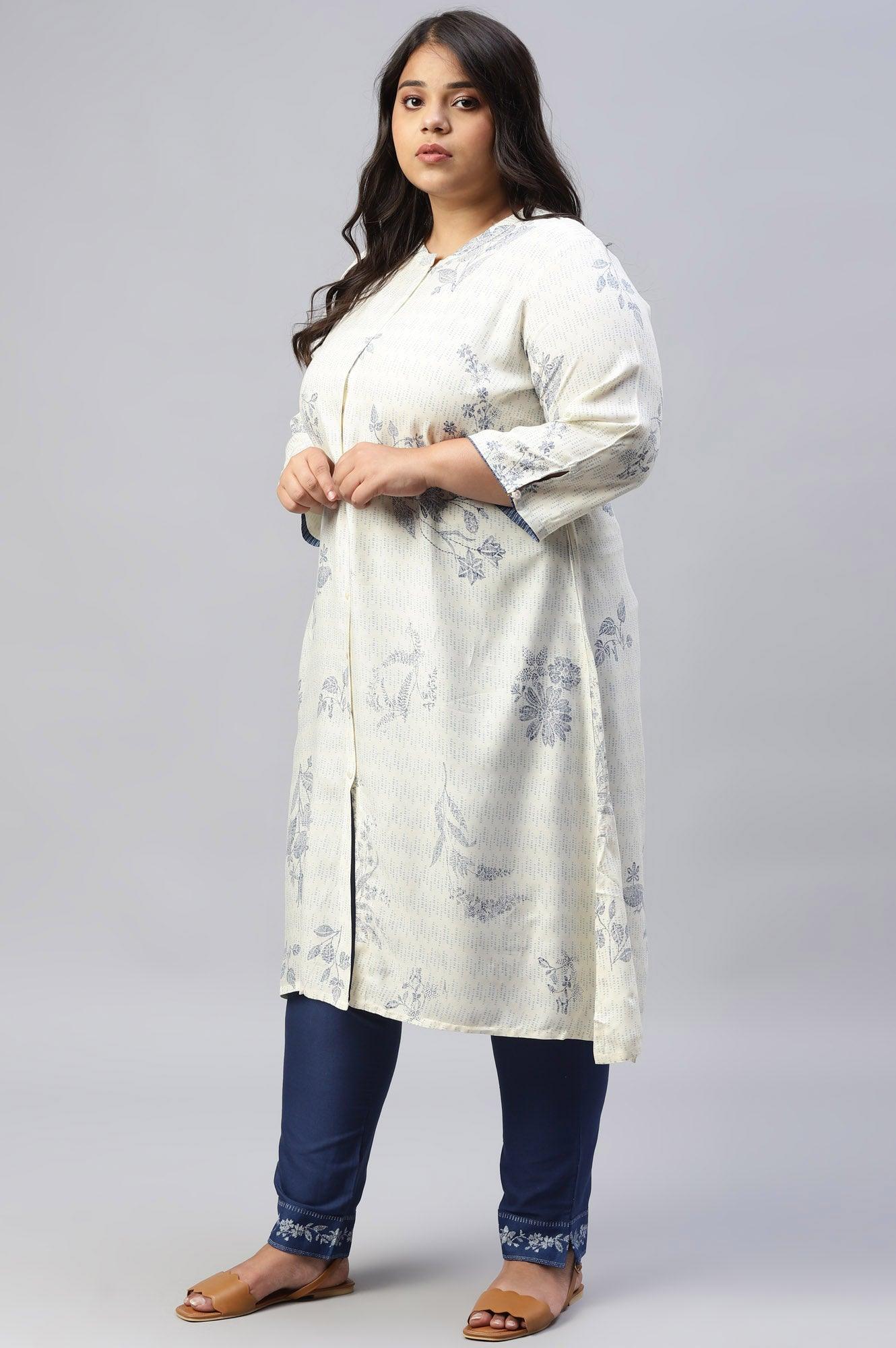 W for Woman Plus Size Ecru And Blue Button Down kurta