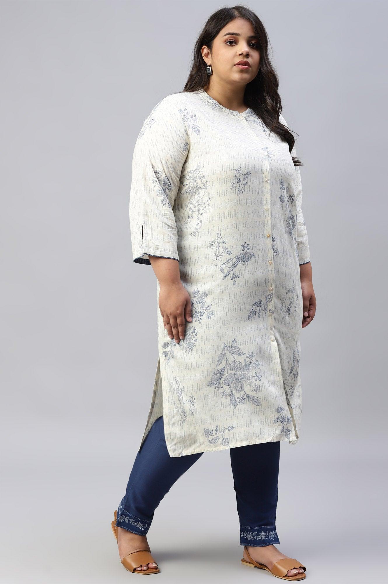 W for Woman Plus Size Ecru And Blue Button Down kurta