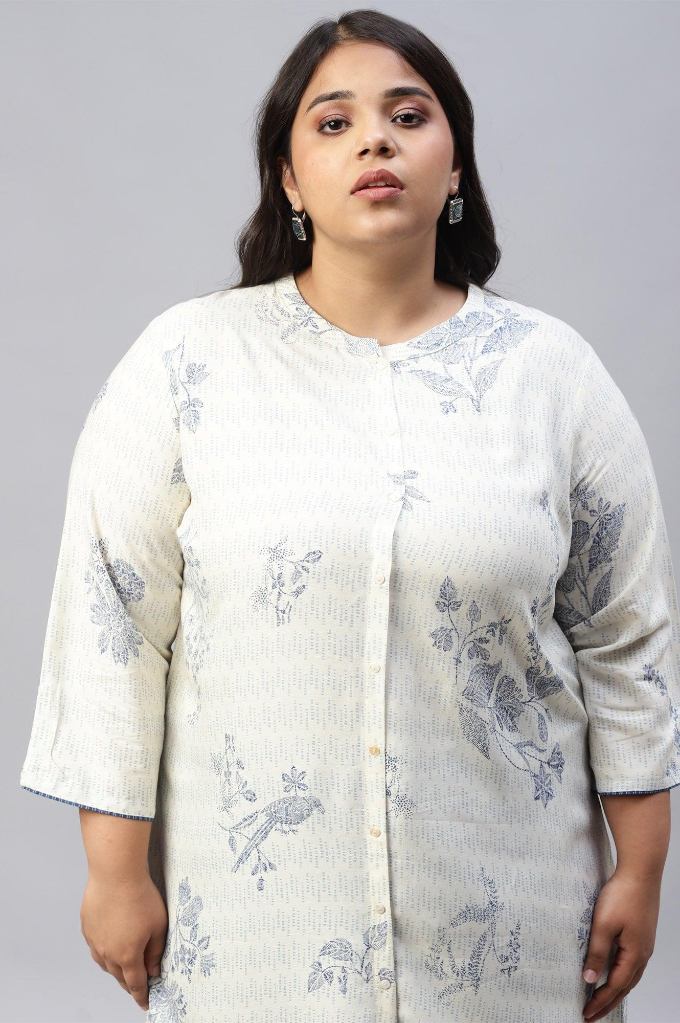 W for Woman Plus Size Ecru And Blue Button Down kurta