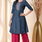 W for Woman Blue Glitter Printed Embroidered Shantung A-line Kurta