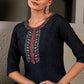 W for Woman Blue Glitter Printed Embroidered Shantung A-line Kurta