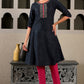 W for Woman Blue Glitter Printed Embroidered Shantung A-line Kurta