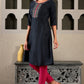 W for Woman Blue Glitter Printed Embroidered Shantung A-line Kurta
