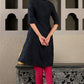 W for Woman Blue Glitter Printed Embroidered Shantung A-line Kurta