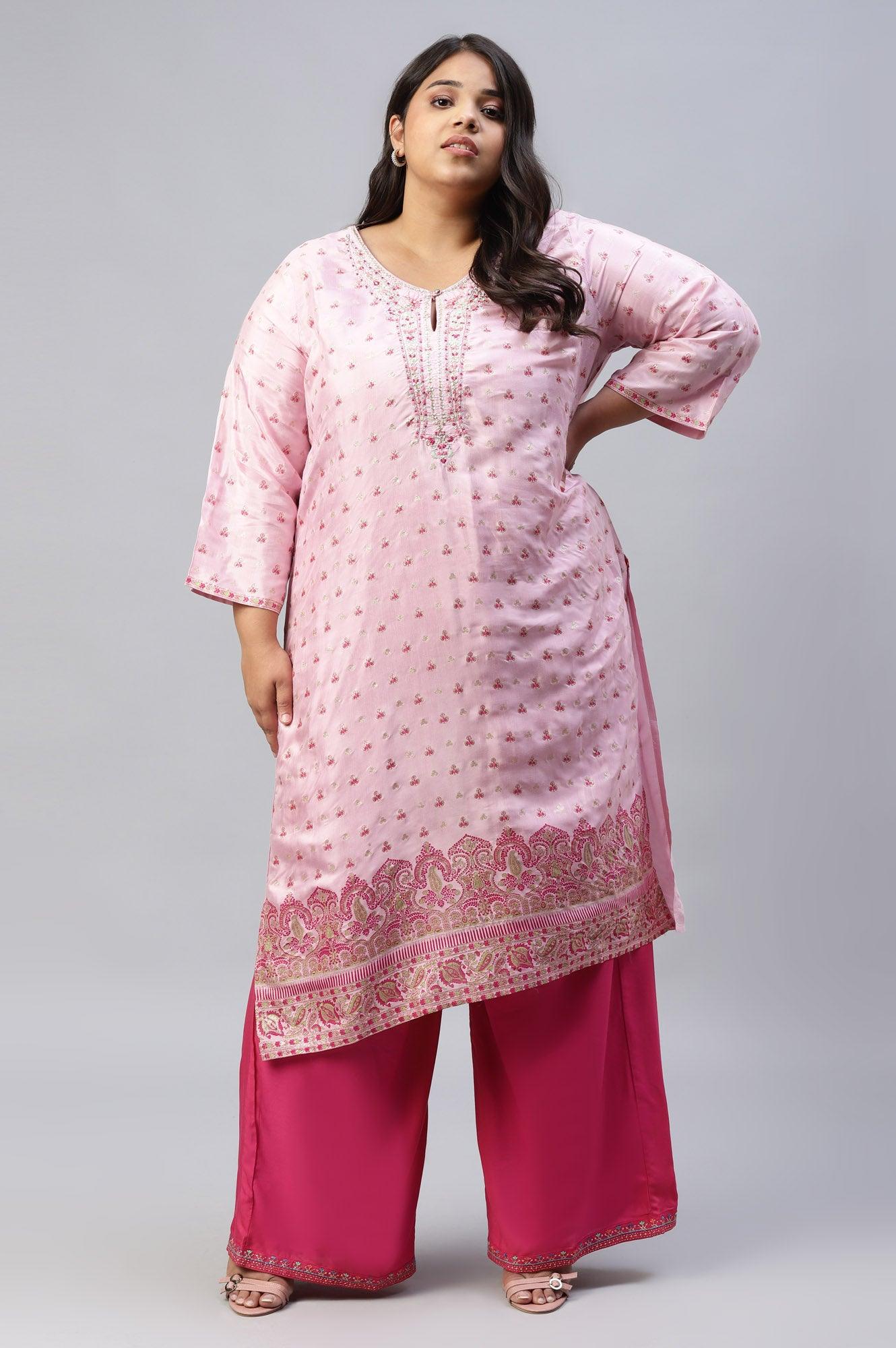 W for Woman Cameo Pink Floral Printed And Embroidered Plus Size kurta