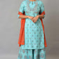 W for Woman Blue Glitter Printed kurta And Culottes With Red Dupatta