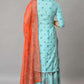 W for Woman Blue Glitter Printed kurta And Culottes With Red Dupatta