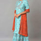 W for Woman Blue Glitter Printed kurta And Culottes With Red Dupatta