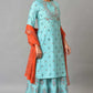 W for Woman Blue Glitter Printed kurta And Culottes With Red Dupatta