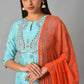 W for Woman Blue Glitter Printed kurta And Culottes With Red Dupatta
