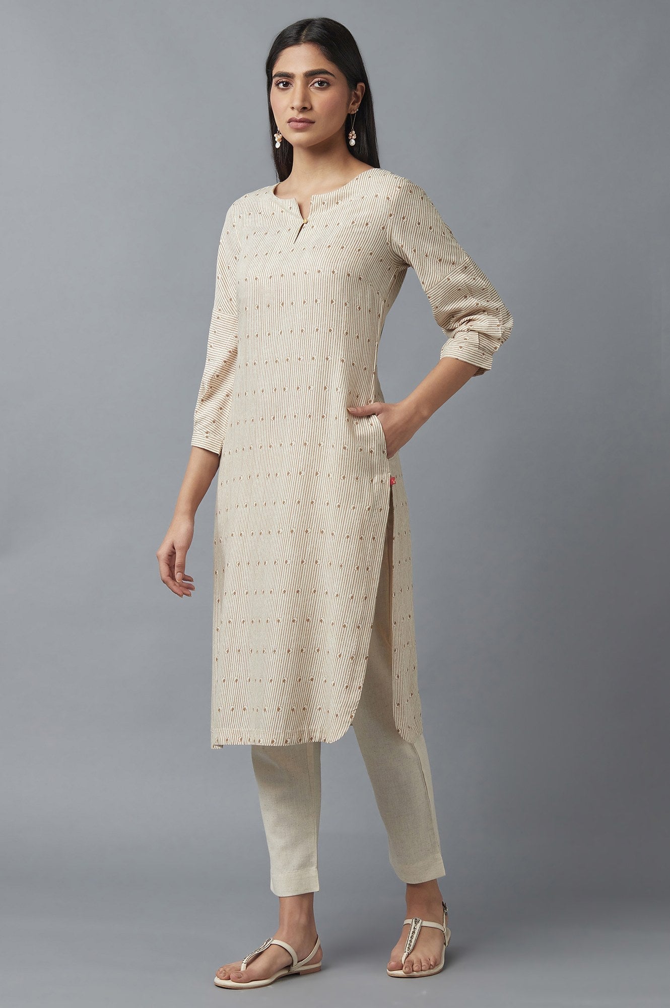 W for Woman Beige Stripe Print kurta