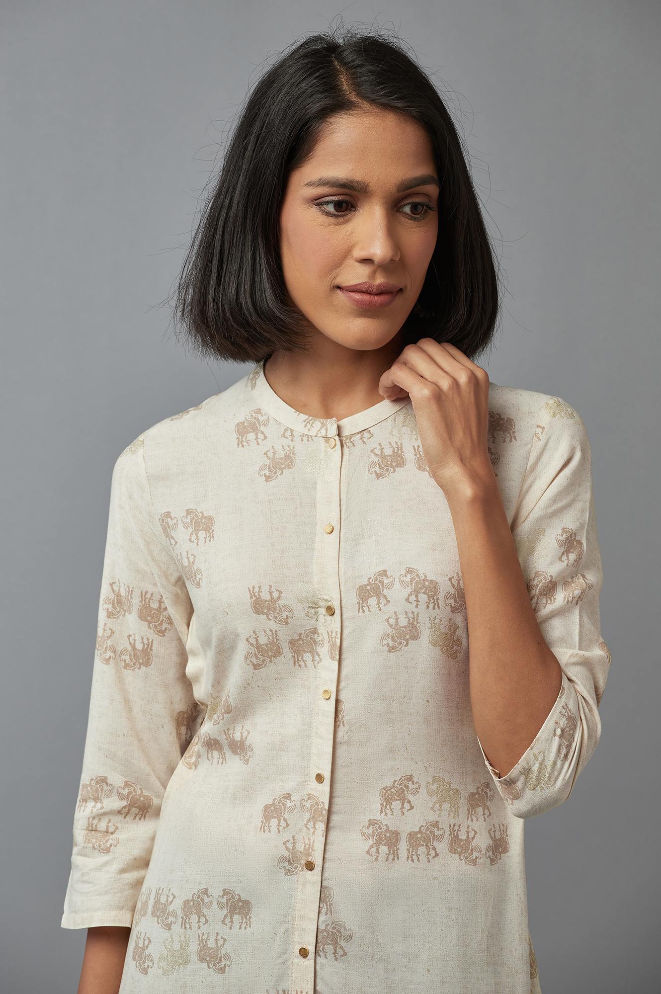 W for Woman Beige Printed Rayon A-Line Kurta and Slim Pant Set