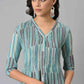 W for Woman Blue Ikkat Cotton kurta In V-Neck