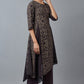 W for Woman Black Floral Print Asymmetric kurta in Round Neck