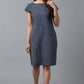 W for Woman Blue Checks Cotton Dress In Round Neck With Thread Embroidery