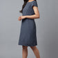W for Woman Blue Checks Cotton Dress In Round Neck With Thread Embroidery