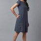W for Woman Blue Checks Cotton Dress In Round Neck With Thread Embroidery