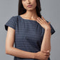 W for Woman Blue Checks Cotton Dress In Round Neck With Thread Embroidery