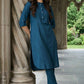 W for Woman Blue Solid Cotton Shirt Kurta in Mandarin Collar