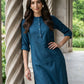 W for Woman Blue Solid Cotton Shirt Kurta in Mandarin Collar