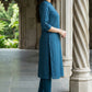 W for Woman Blue Solid Cotton Shirt Kurta in Mandarin Collar