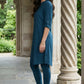 W for Woman Blue Solid Cotton Shirt Kurta in Mandarin Collar
