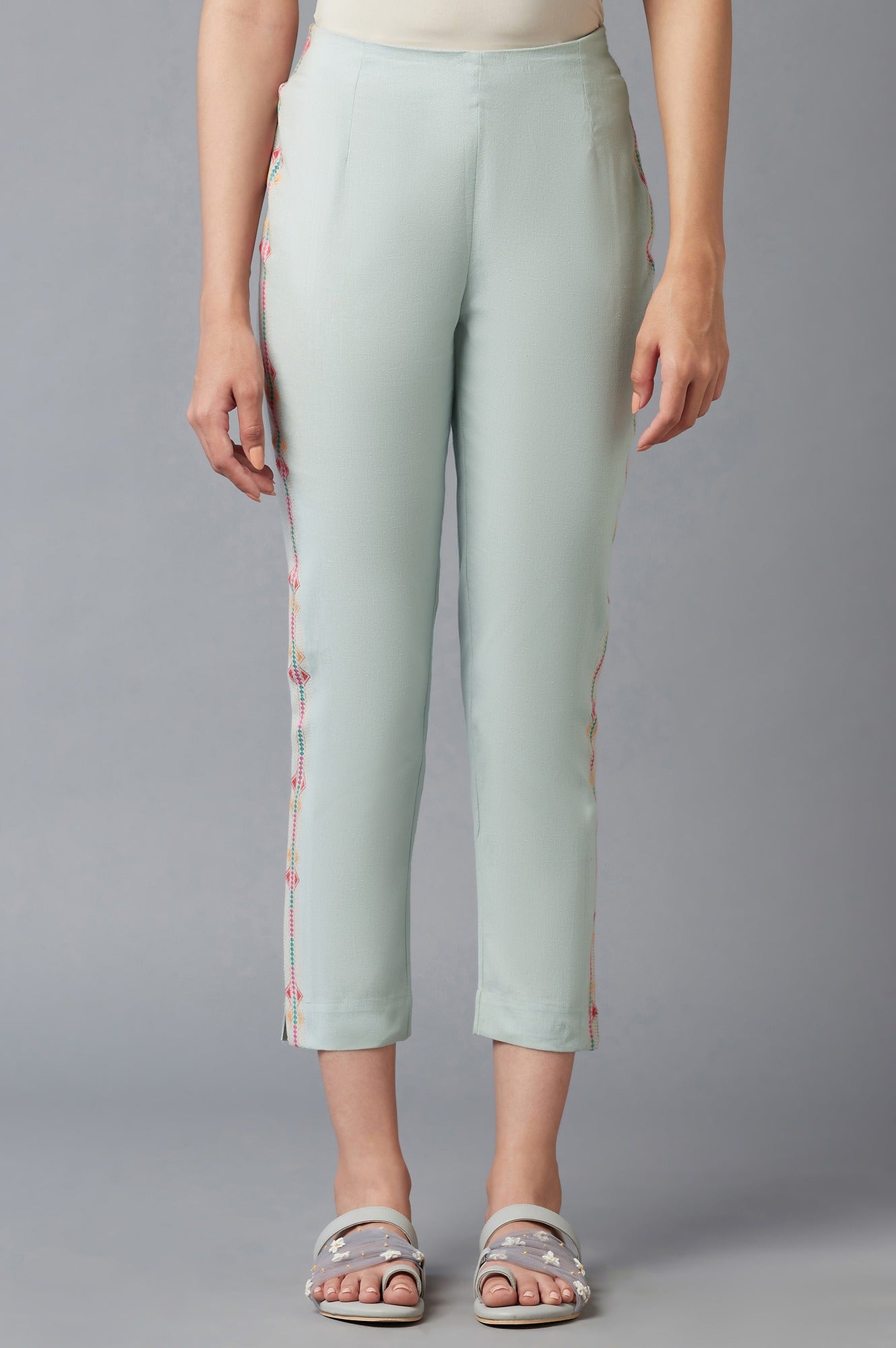 W for Woman Blue Cotton Flax Solid Slim Pants