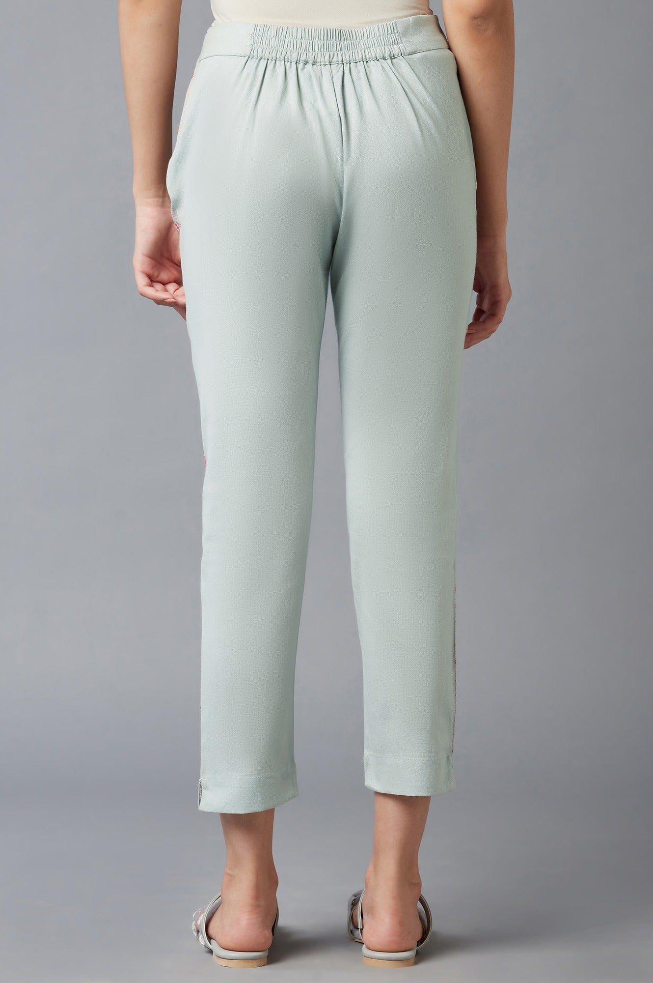 W for Woman Blue Cotton Flax Solid Slim Pants