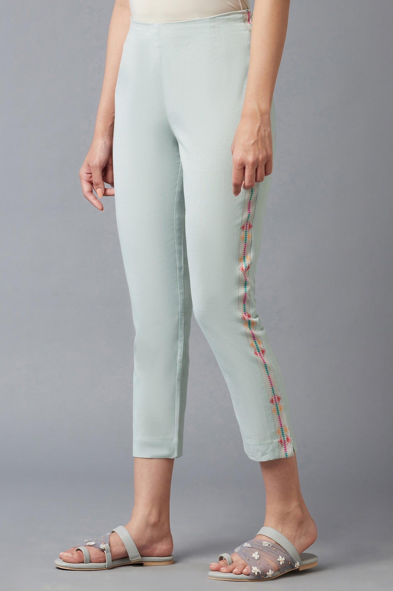 W for Woman Blue Cotton Flax Solid Slim Pants