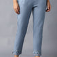 W for Woman Blue Cotton Flax Solid Slim Pants