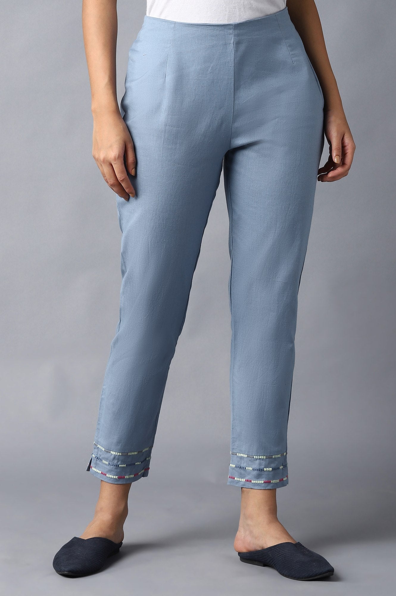 W for Woman Blue Cotton Flax Solid Slim Pants