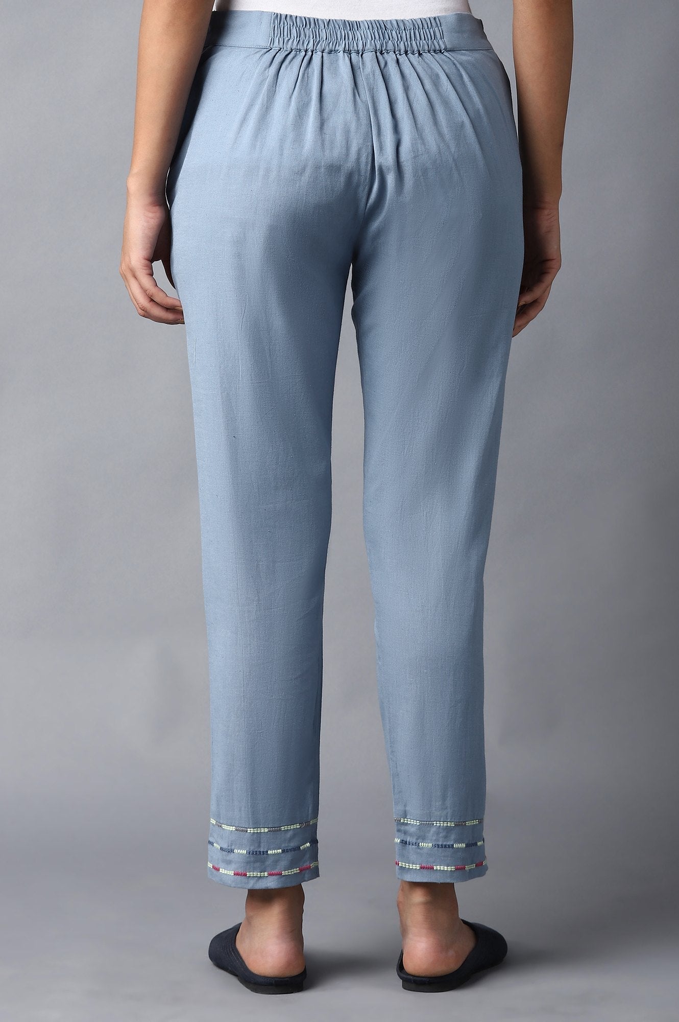 W for Woman Blue Cotton Flax Solid Slim Pants