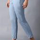 W for Woman Blue Cotton Flax Solid Slim Pants