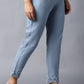 W for Woman Blue Cotton Flax Solid Slim Pants