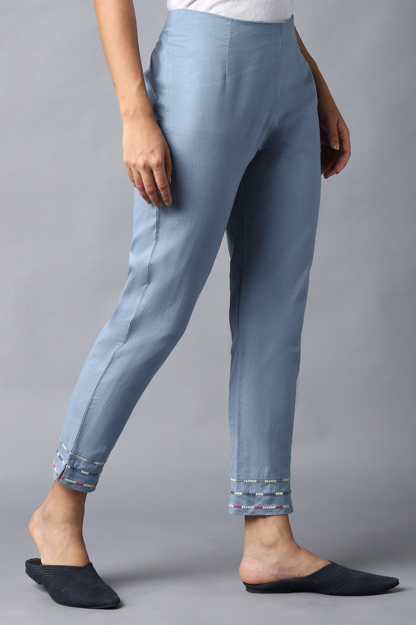 W for Woman Blue Cotton Flax Solid Slim Pants