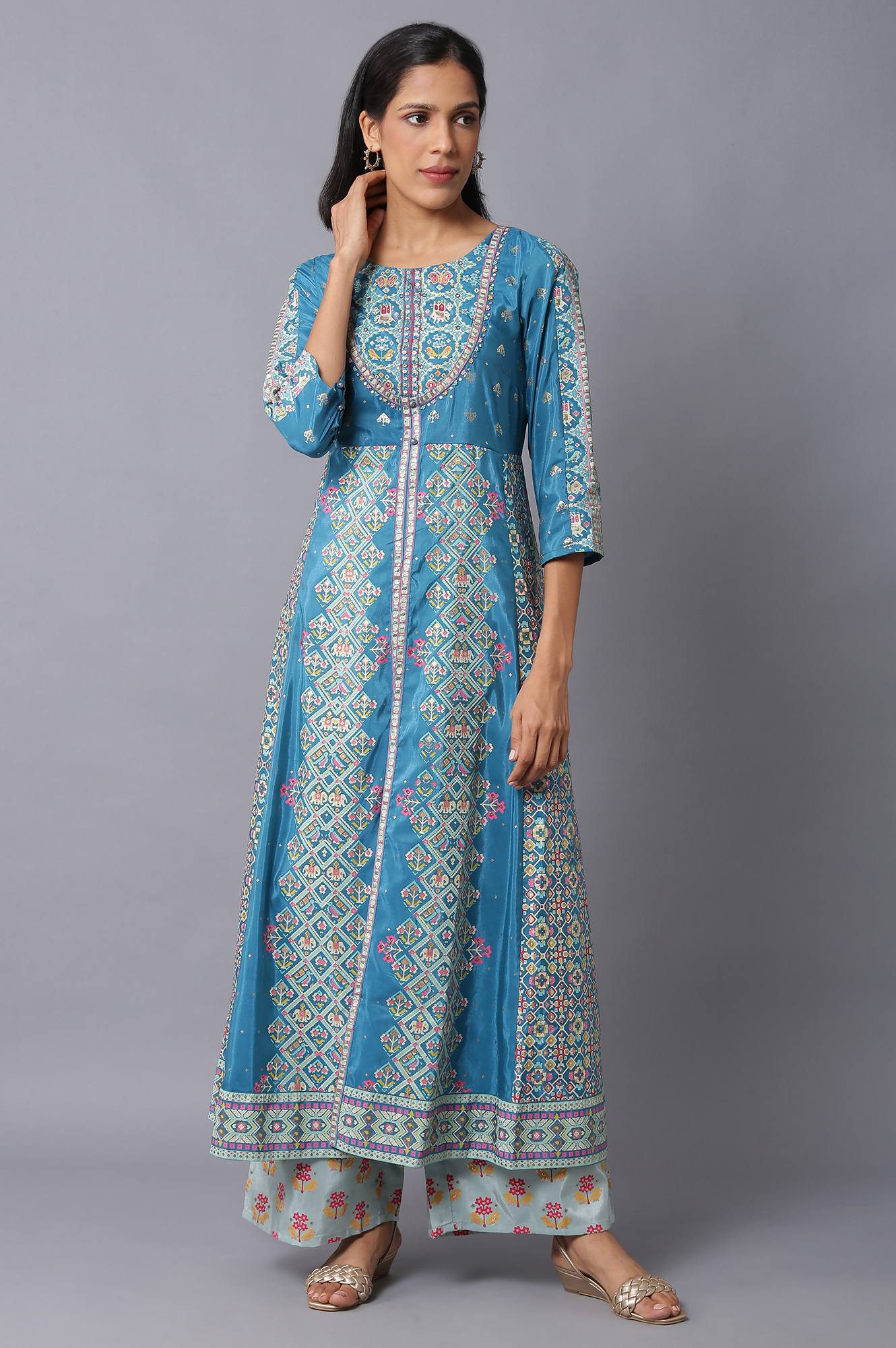 W for Woman Blue Glitter Printed A-Line kurta With Slim Pants