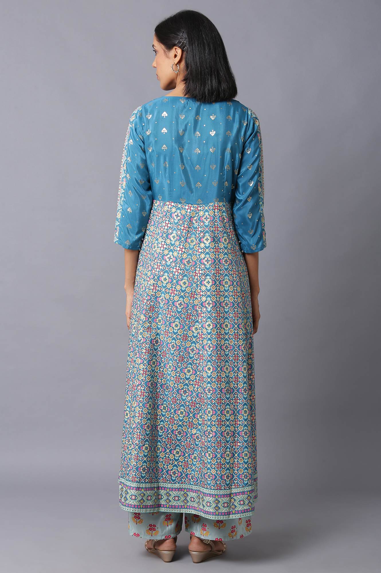 W for Woman Blue Glitter Printed A-Line kurta With Slim Pants