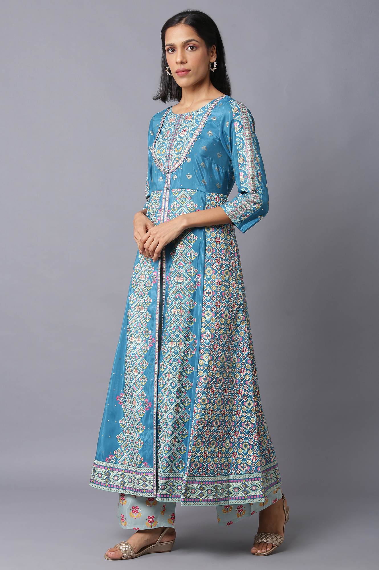 W for Woman Blue Glitter Printed A-Line kurta With Slim Pants