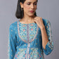 W for Woman Blue Glitter Printed A-Line kurta With Slim Pants