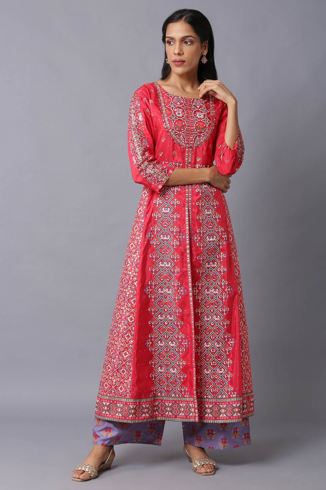 W for Woman Blue Glitter Printed A-Line kurta With Slim Pants