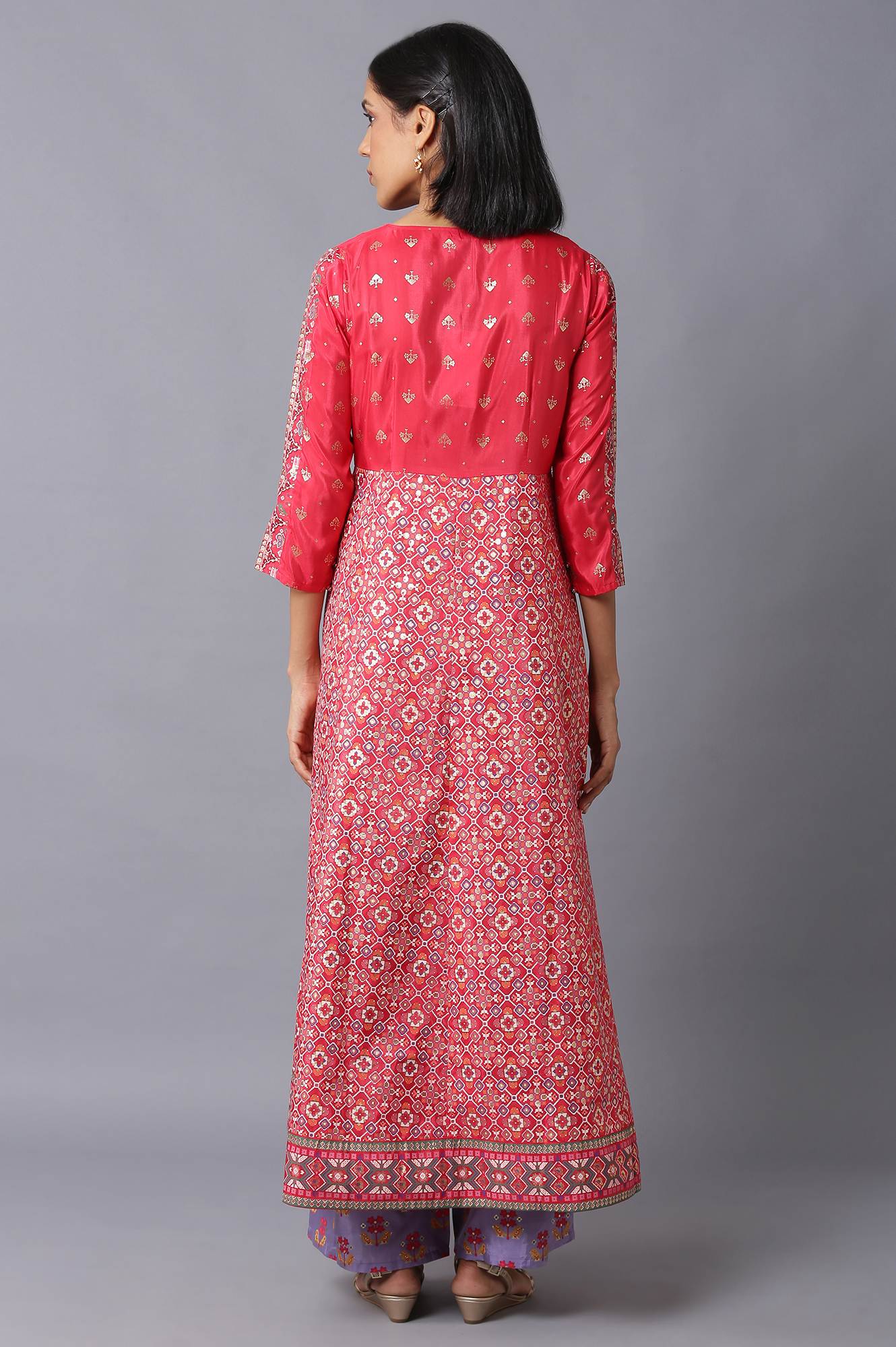 W for Woman Blue Glitter Printed A-Line kurta With Slim Pants