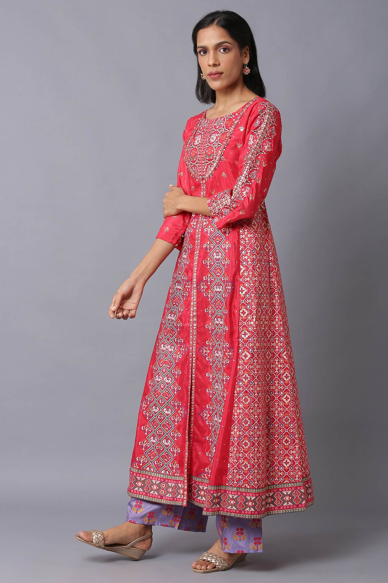 W for Woman Blue Glitter Printed A-Line kurta With Slim Pants