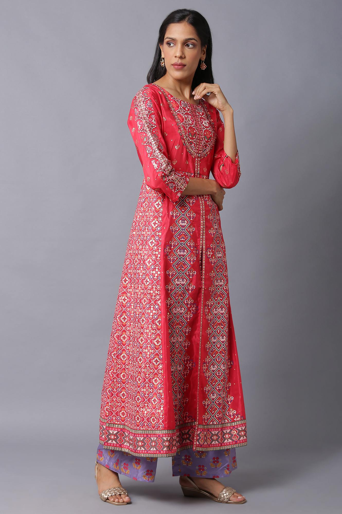 W for Woman Blue Glitter Printed A-Line kurta With Slim Pants