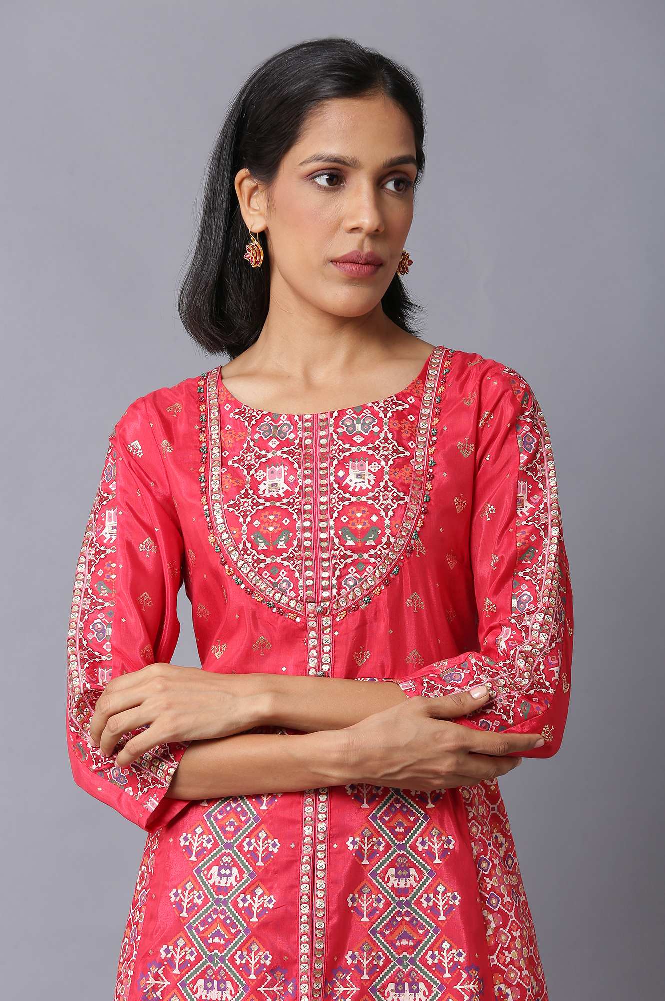 W for Woman Blue Glitter Printed A-Line kurta With Slim Pants